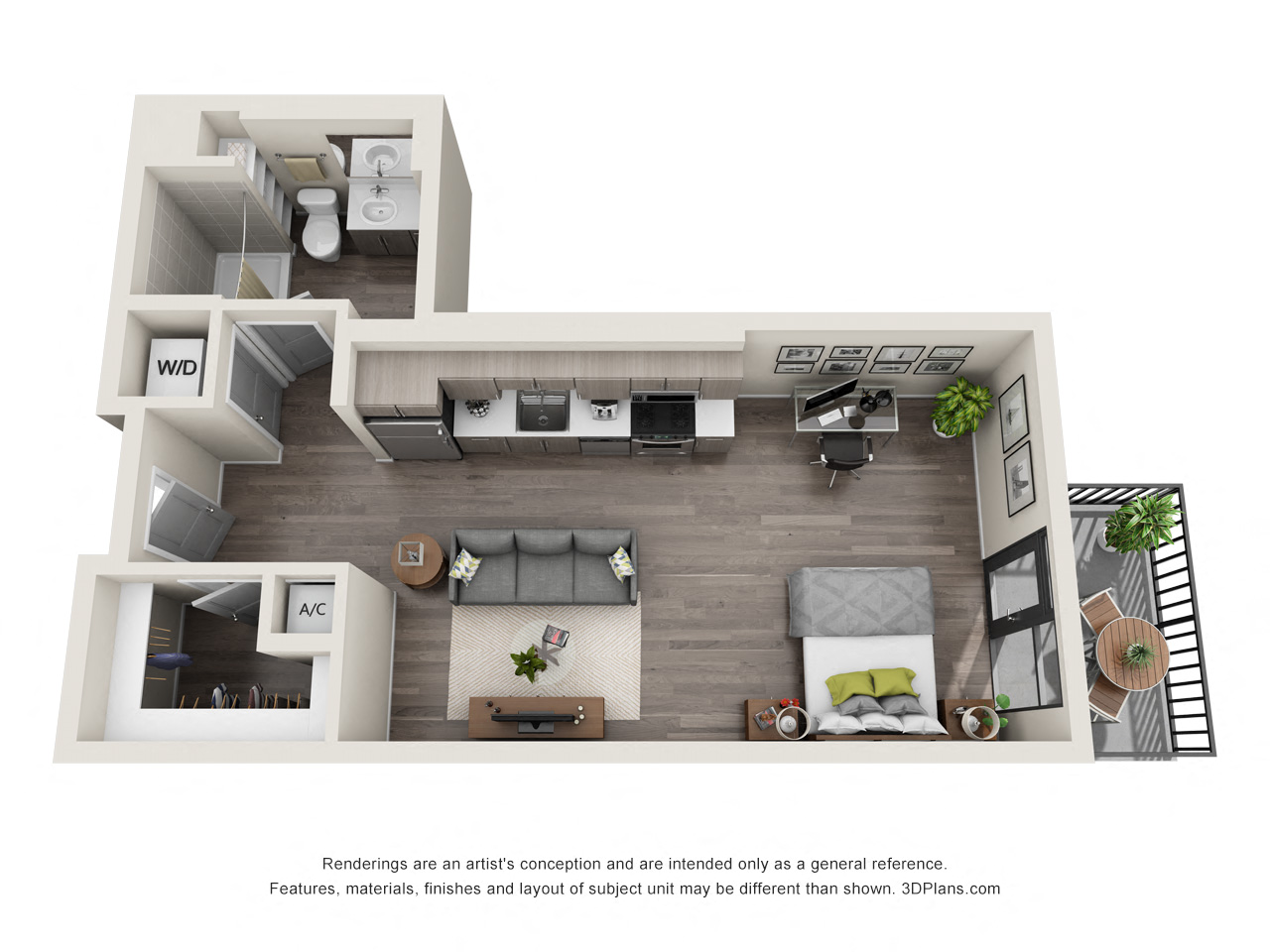 Floor plan for studio, 1 bath, 579 sqft